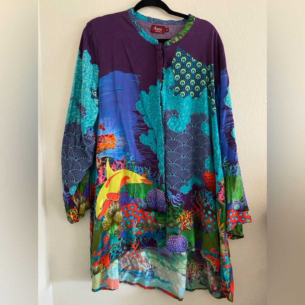 Avani Del Amour Top Blouse 2X Boho Artsy Colorful Coral Reef